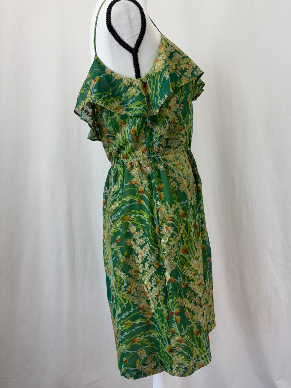 Anthropologie 12th Street 100% Silk Green Gold Ruffle Wedding Guest Dress Medium - Picture 5 of 15
